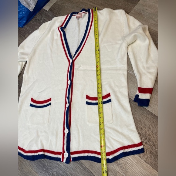 SHOW ME YOUR MUMU Lambert Cardigan womens 2XL Varsity USA Stripe Red White Blue - Picture 10 of 11